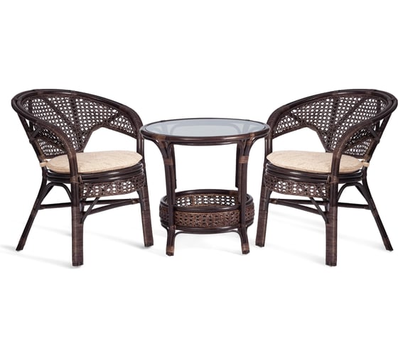 Террасный комплект Tetchair "PELANGI" стол со стеклом + 2 кресла, с подушками, ротанг, кресло 65x65x77 см, стол 64x61 см, walnut (грецкий орех) 15197 1