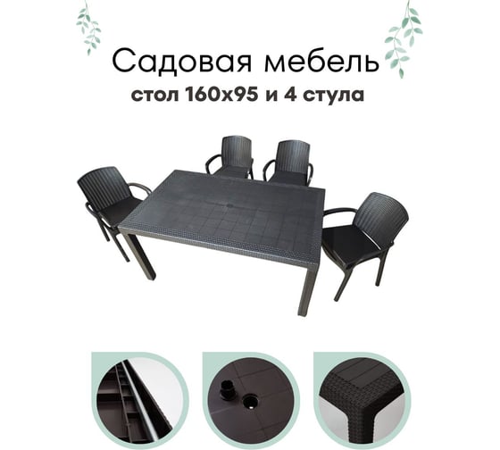 Комплект садовой мебели WORKY HomlyGreen, стол большой прямоугольный на 4 персоны 160×95×75 см, 4 стула, цвет венге, с черными подушками ARD260439