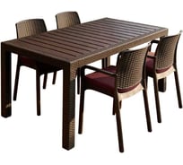 Комплект садовой мебели WORKY HomlyGreen, большой стол 153×79×70 см, 4 стула, цвет мокко, с бордовыми подушками ARD260453