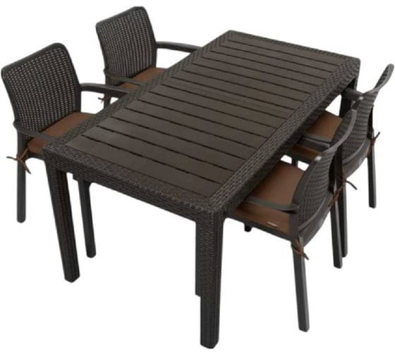 Комплект садовой мебели WORKY HomlyGreen, большой стол 153×79×70 см, 4 стула, цвет мокко, с коричневыми подушками ARD260449