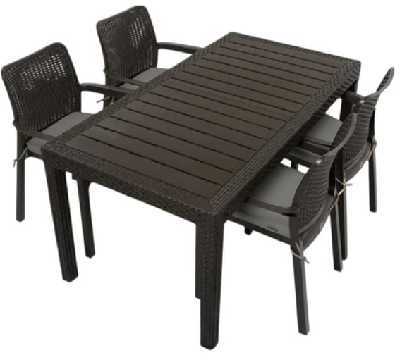 Комплект садовой мебели WORKY HomlyGreen, большой стол 153×79×70 см, 4 стула, цвет мокко, с серыми подушками ARD260450