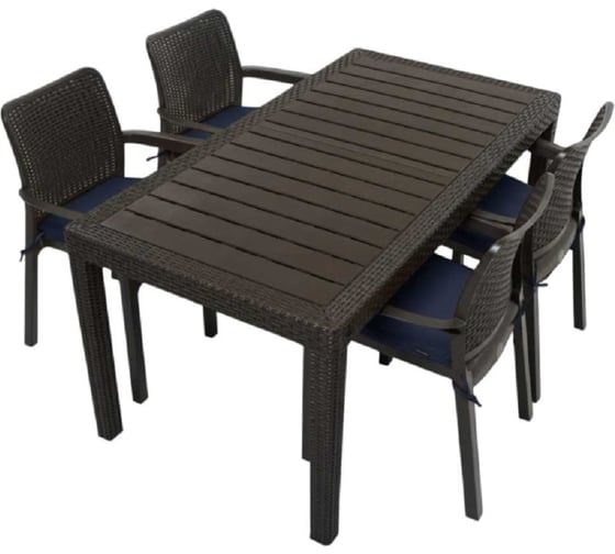 Комплект садовой мебели WORKY HomlyGreen, большой стол 153×79×70 см, 4 стула, цвет мокко, с темно-синими подушками ARD260452