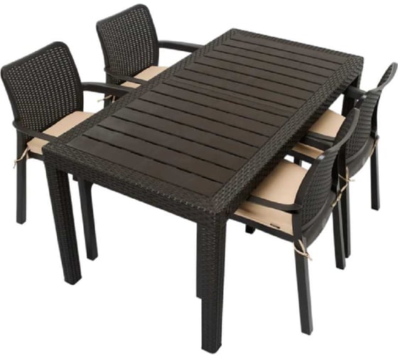 Комплект садовой мебели WORKY HomlyGreen, большой стол 153×79×70 см, 4 стула, цвет мокко, с бежевыми подушками ARD260448
