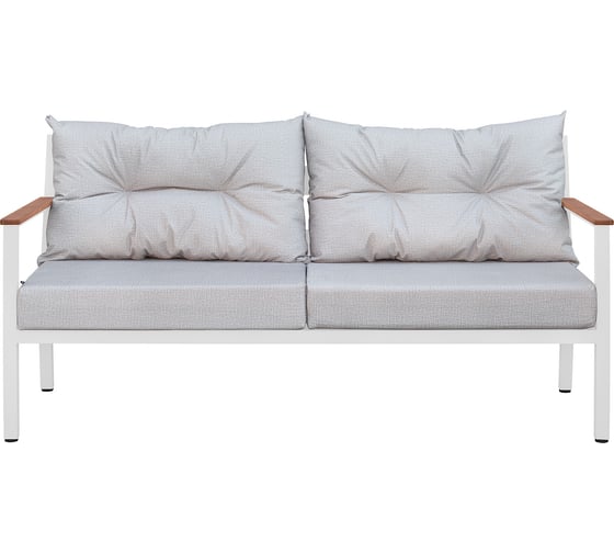 Диван уличный GreenWeen SANTORINI, алюминий белый, бежево-серая рогожка, тик GW-AL-SANT-SOFA-1800W-TEAK