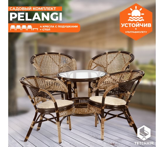Комплект Tetchair PELANGI 02/15 стол со стеклом, 4 кресла без подушек, ротанг, грецкий орех 3597