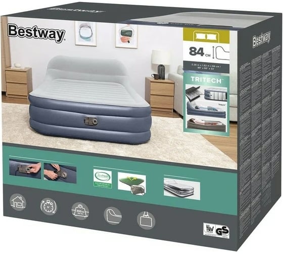 Надувной матрас со встроенным электронасосом BestWay Tritech Queen SleekFlow с изголовьем, 226x152x84 см 67923 130455