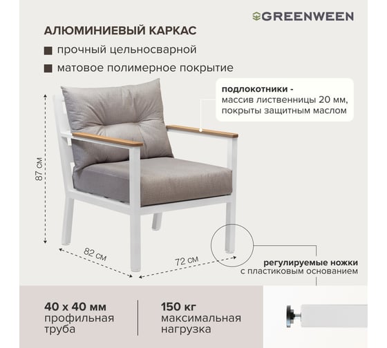 Уличное кресло GreenWeen SANTORINI c подушками из велюра светло-серого цвета, каркас белый, алюминий, 700x870x820 мм GW-AL-SANTORINI-CH-800W