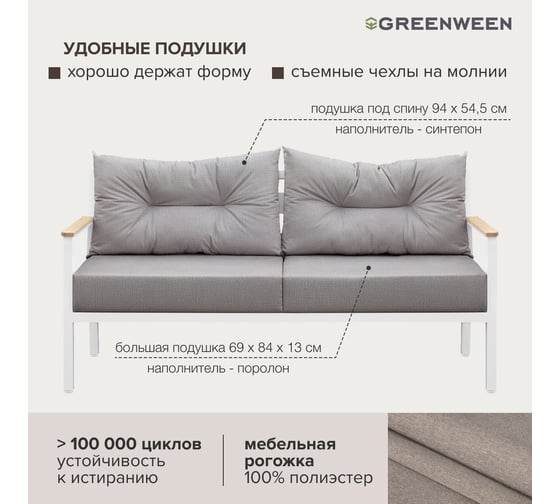 Уличный диван GreenWeen SANTORINI c подушками из велюра светло-серого цвета, белый каркас из алюминия, 1800x870x820 мм GW-AL-SANT-SOFA-1800W