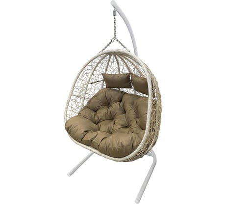 Двойное подвесное кресло Garden Story Флора стойка + белое основание, белая корзина, бежевая подушка 3 упаковки В D40-МТ006