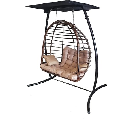 Подвесное кресло Garden Story Беатрис 2 двойное стойка + основание черный, коричневая корзина, бежевая подушка 2 упаковки Т NEW-7036/2023
