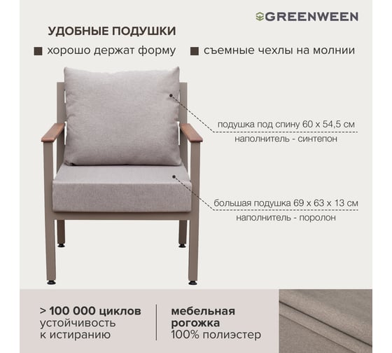 Уличное кресло GreenWeen SANTORINI, каркас алюминий цвет PECAN, подушки рогожка цвет BAHAMA ASH, подлокотники дерево, 700x870x820, GW-AL-SANT-CH-800P