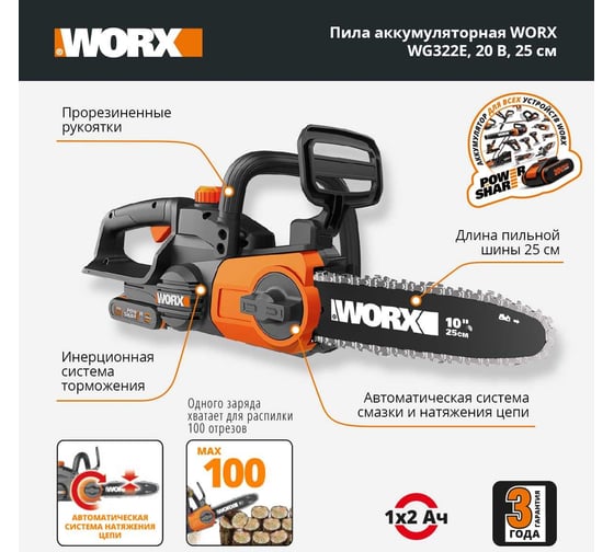 Аккумуляторная цепная пила WORX 20в, 25 см, 2ач х1 и зу 2а WG322E.1