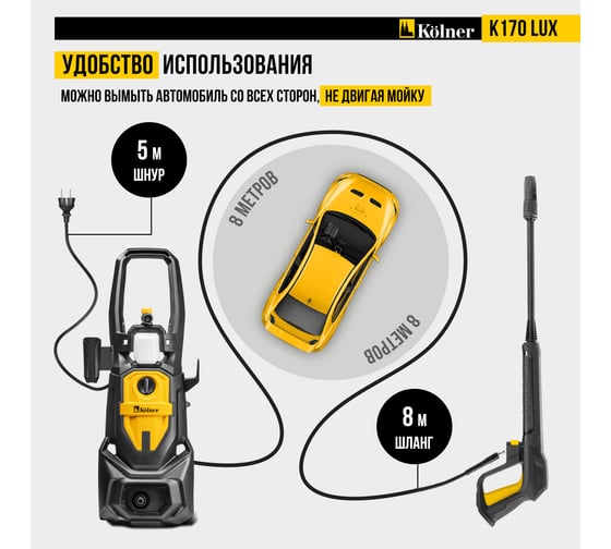 Мойка высокого давления Kolner, k170 lux, 170/120 бар, 2500вт, 450л/ч, метал.помпа, шланг 8м, кабель 5м, 8140100116