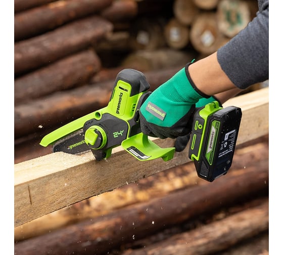 Цепная мини пила аккумуляторная GreenWorks 24V, 10см, c 1хАКБ 2Ач с USB и ЗУ 2008207USB2