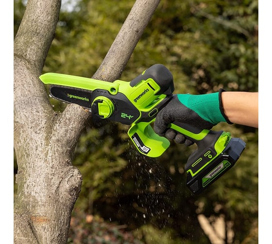 Цепная мини пила аккумуляторная GreenWorks 24V, 10см, c 1хАКБ 2Ач с USB и ЗУ 2008207USB2