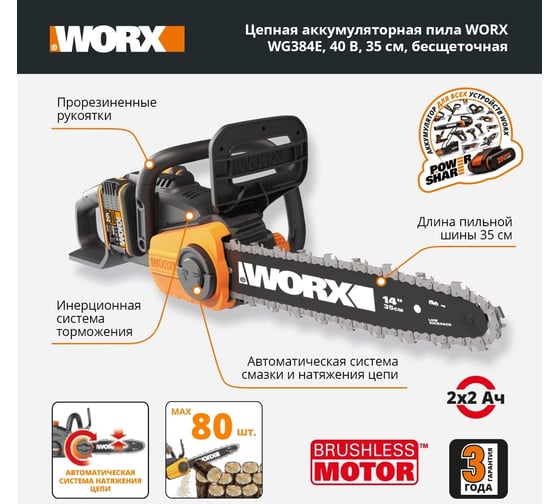 Бесщеточная цепная аккумуляторная пила WORX 40 В, 2х2.0 А*ч, двойное ЗУ 2x2A WG384E