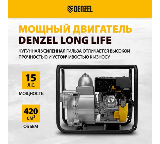 Бензиновая мотопомпа для грязной воды DENZEL PX-80D 15 л.с., 3, 1500 л/мин, глуб 8 м / 99204