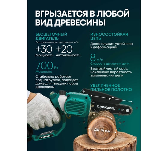 Аккумуляторная цепная мини пила Rokodil Cutter Pro, 6, 2 АКБ, электропила для дачи и сада 1049786