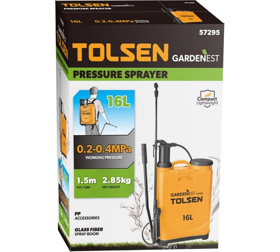 Опрыскиватель садовый помповый TOLSEN 16 л, ранцевый, 2-4 бар, удочка 1.5 м 57295