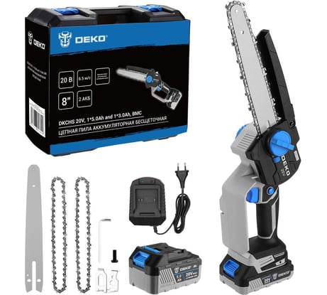 Пила цепная аккумуляторная бесщеточная DEKO DKCHS 20V, 20В, 2 Акб микс (1x5,0 / 1x3,0) кейс и доп. цепь 085-2012