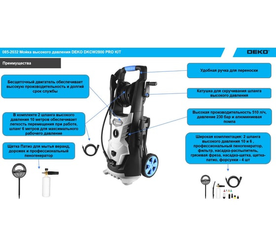 Мойка высокого давления (бесщеточная) DEKO DKCW2800 PRO KIT 085-2032