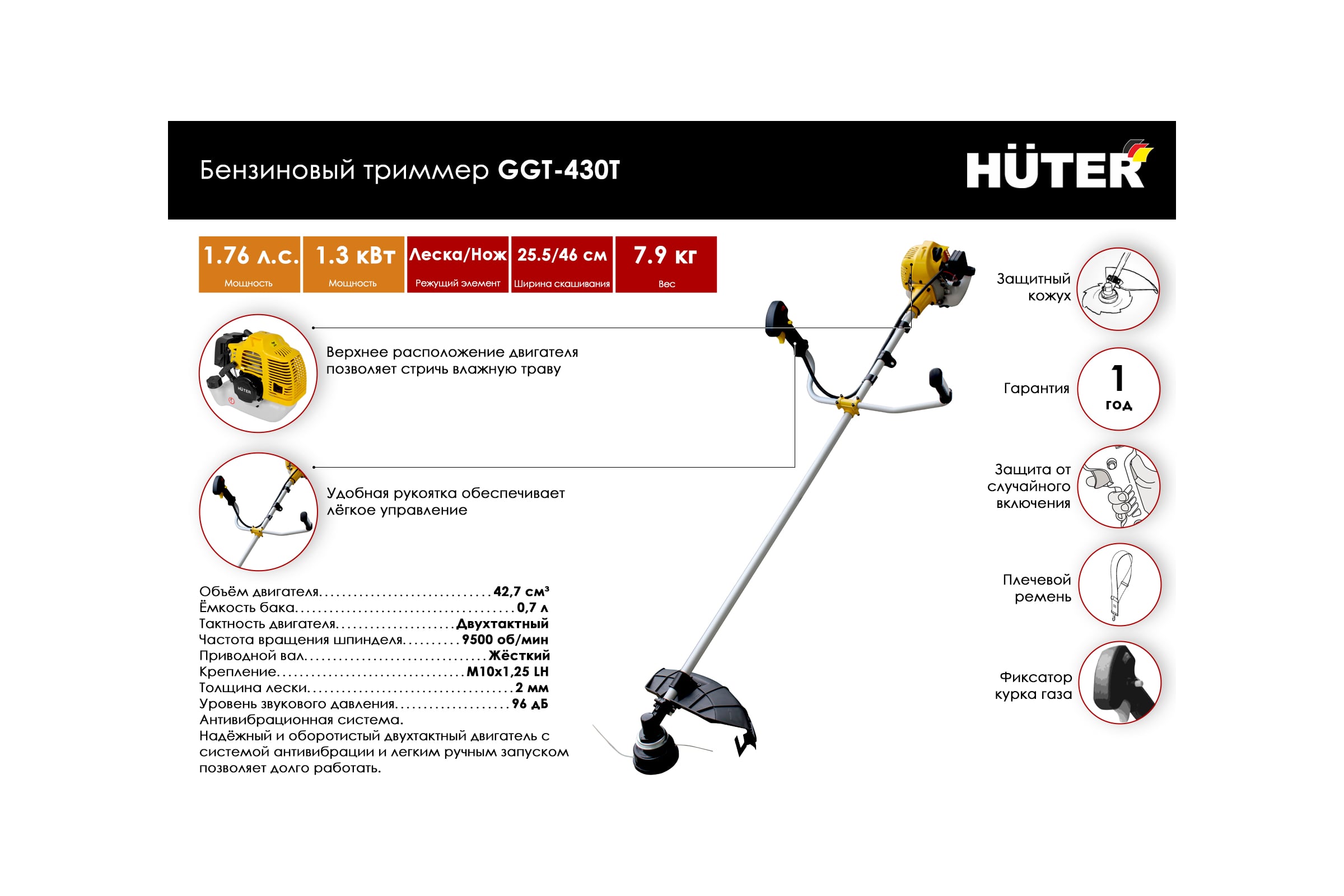 Бензиновый триммер Huter GGT-430T 70/2/32 — фото 3
