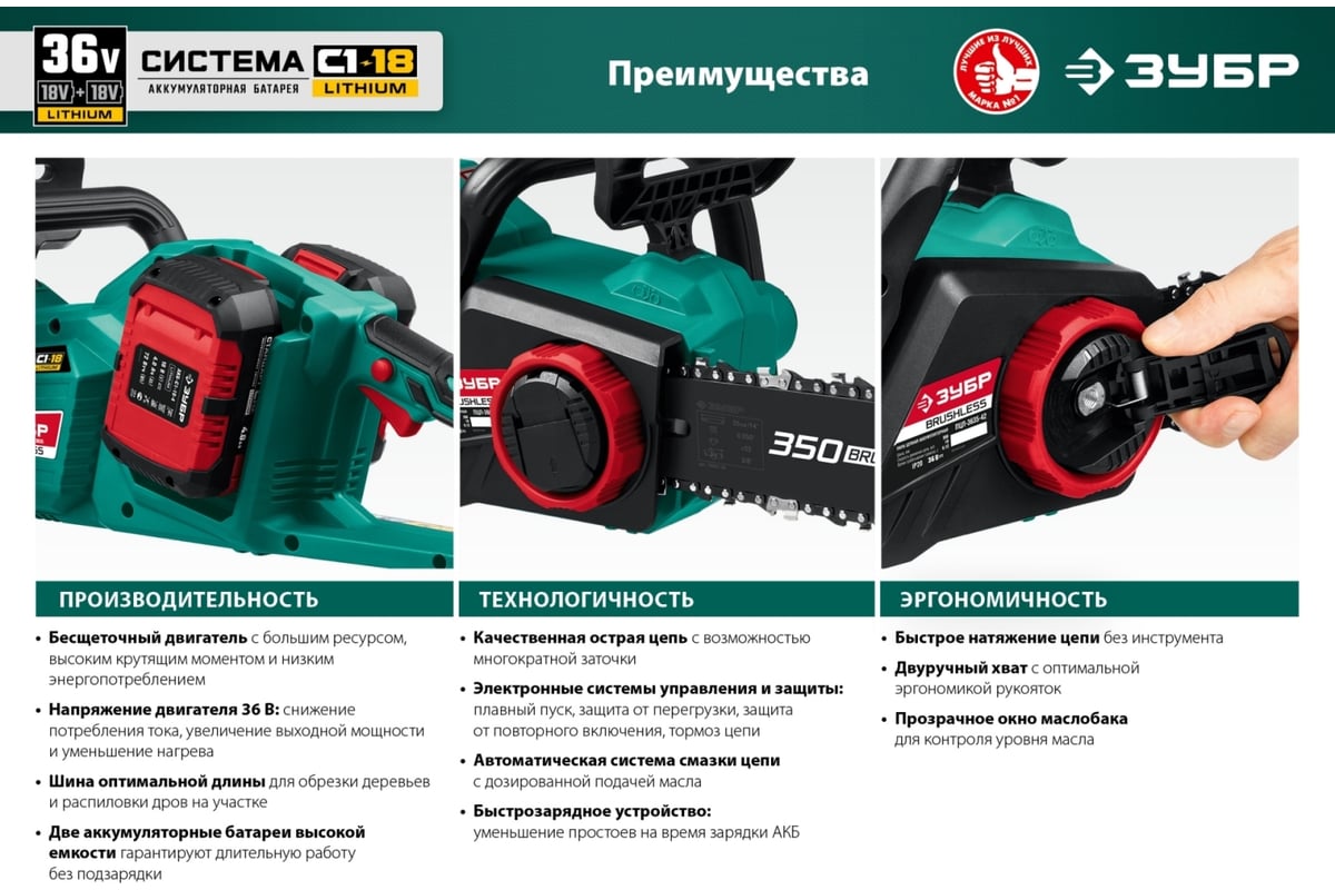 Бесщеточная цепная пила ЗУБР 2x18 В, 4 А*ч ПЦЛ-3635-42 - выгодная цена ...
