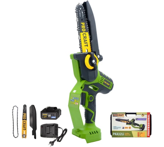 Пила цепная аккумуляторная PROCRAFT 20В 6'/8' 2 Шины+ 2 Цепи, АКБ 4Ач+ЗУ PKA32Li