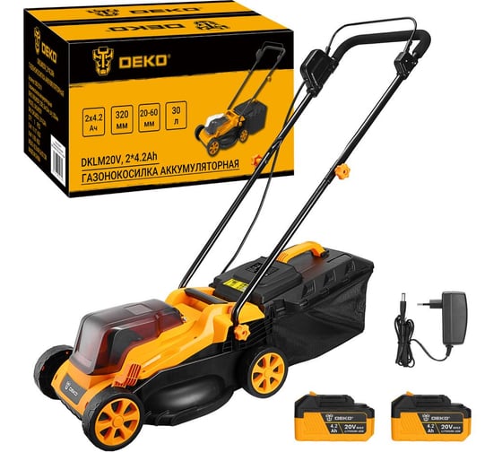 Газонокосилка аккумуляторная DEKO DKLM20V, 20В, 2x4.2 Aч, зарядное устройство, 320 мм 083-2019 1