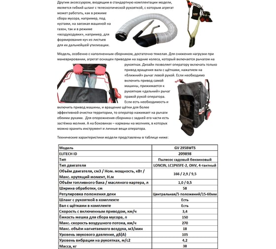 Пылесос садовый бензиновый Elitech GV 2958WTS E1608.008.00 HD 209898