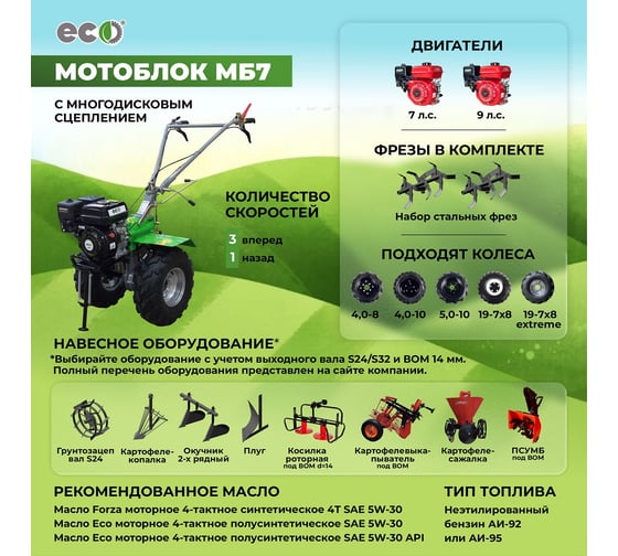 Мотоблок бензиновый ECO МБ7 701 7 л.с., ВОМ 14 мм, 3 вперед 1 назад, руль: поворотный, вал: S24, колеса: 4x10, фрезы: 3 группы 24 ножа ЕСОМБ7701