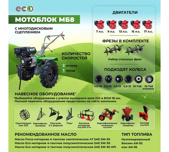 Мотоблок бензиновый ECO МБ8 1306 13 л.с., ВОМ 18 мм, 2 вперед 1 назад, руль: поворотный, вал: S32, колеса: 5x10, фрезы: 4 группы 32 ножа ЕСОМБ81306