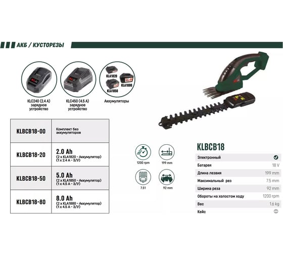 Профессиональные аккумуляторные ножницы-кусторез KLPRO 18 В, Li-ion 2 шт 5,0 Ач, ЗУ 4,5А, 1200 об/мин, 20207, KLBCB18-50