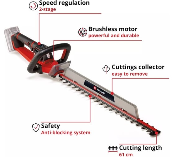 Кусторез аккумуляторный Einhell PXC GP-CH 18/61 Li BL, 18 В, 26 мм, 61 см, 2 скорости, поворотная рукоятка, без аккумулятора и ЗУ 3410935