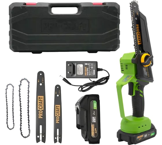 Пила цепная аккумуляторная PROCRAFT 20В, 6''+8'', 4600 об/мин, АКБ 2Ач+ЗУ+2, Шина+2 Цепи, Кейс, PKA46 2/2