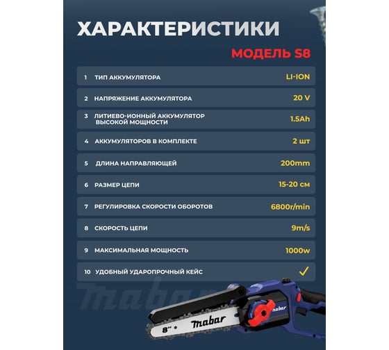 Аккумуляторная бесщеточная цепная пила MABAR модель S8-1.5AH