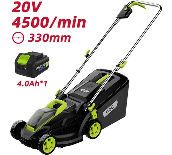 Газонокосилка аккумуляторная Deli DG500-1 (1 АКБ + ЗУ, 20В х 4Ач ) 5 уровней высоты скашивания ,травосборник 35 литров 208622