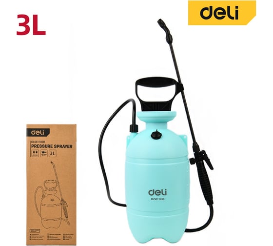 Опрыскиватель садовый Deli 3л помповый DL581103B (регулируемый разбрызгиватель, ремень для переноски) 203480