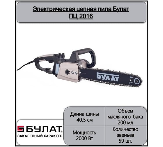 Электрическая цепная пила БУЛАТ ПЦ 2016 2000Вт, шина40,5, 4500об/мин 231302016