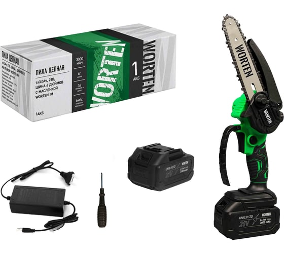 Пила цепная WORTEN 1х3.0Ач шина 6 дюймов с автоматической подачей масла КА-90000717