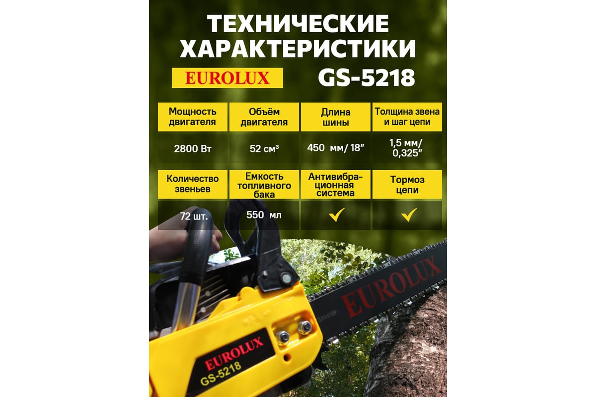 Бензопила Eurolux GS-5218 70/6/26 - выгодная цена, отзывы, характеристики,  фото - купить в Москве и РФ