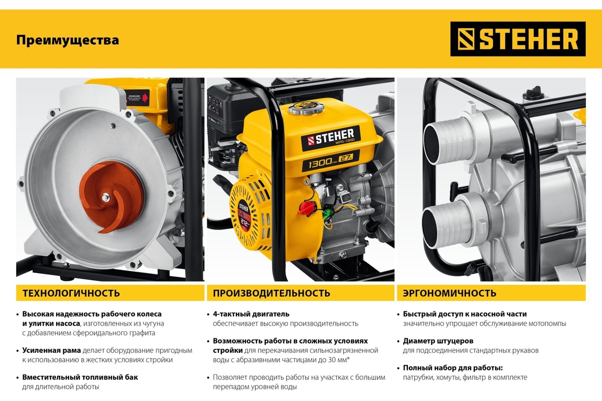 Бензиновая мотопомпа для грязной воды STEHER 1300 л/мин WPD-1300 - выгодная  цена, отзывы, характеристики, фото - купить в Москве и РФ