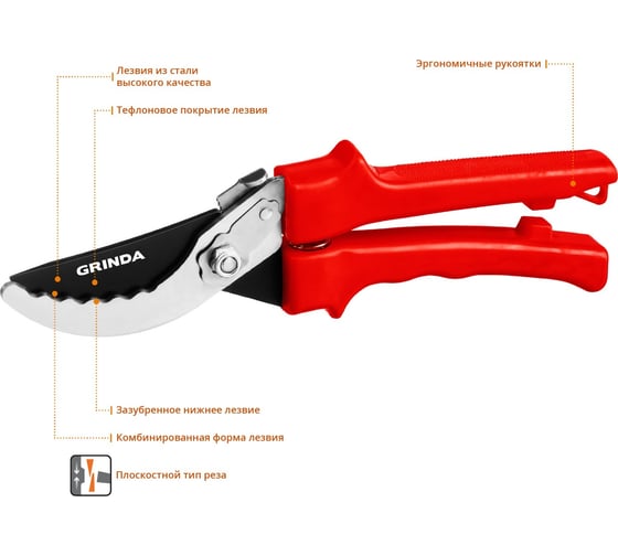 Плоскостной секатор с пластиковыми рукоятками Grinda G-31 200мм 40210_z02