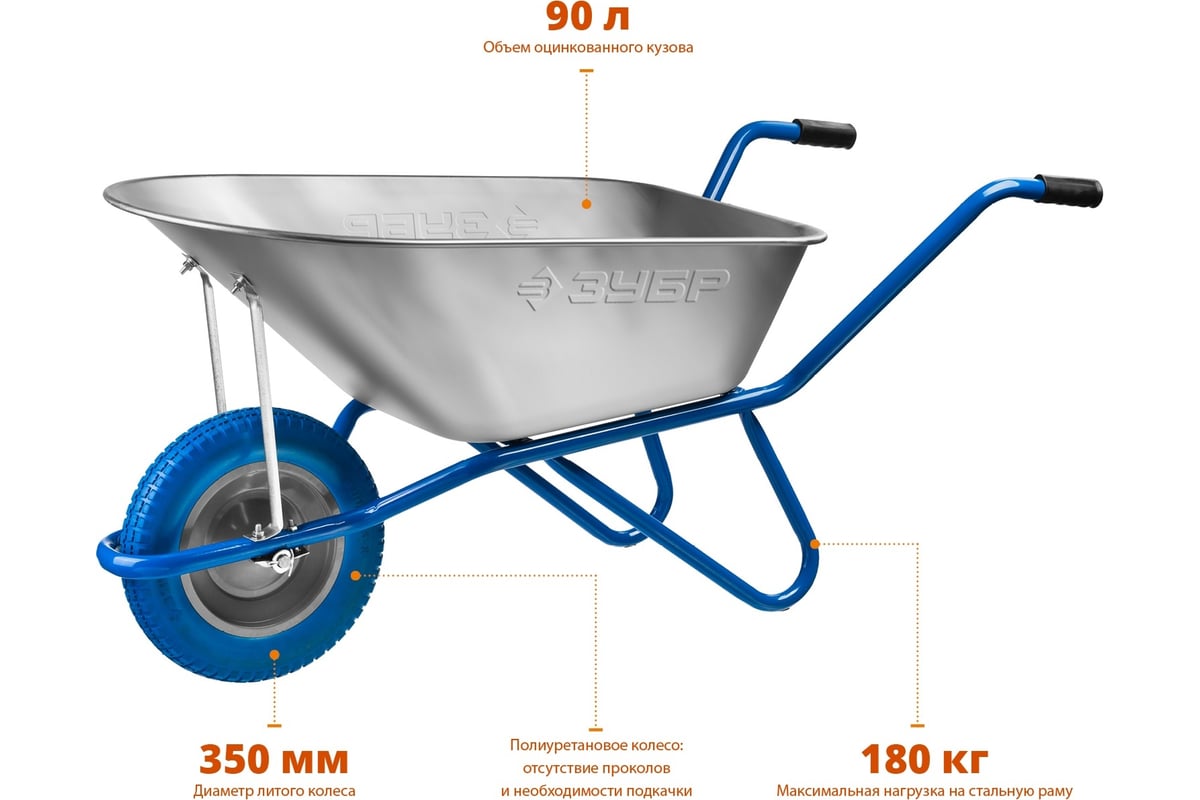 Садово-строительная тачка ЗУБР ПТ-100 90 л, грузоподъемность 180 кг  39901_z01 - выгодная цена, отзывы, характеристики, фото - купить в Москве и  РФ