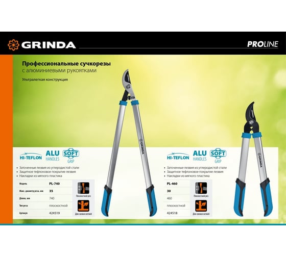 Большой плоскостной сучкорез с алюминиевыми рукоятками Grinda PL-740 424519
