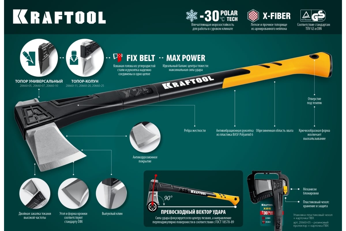 Топор-колун в чехле KRAFTOOL Х11 1100/1400 г, 450 мм 20660-11 ...