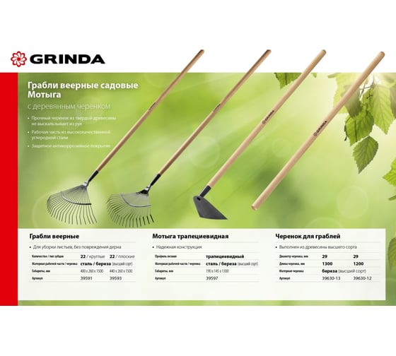 Трапецевидная мотыга с деревянным черенком GRINDA 190 мм 39597