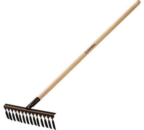 Садовые грабли с деревянным черенком Grinda 14 витых зубьев, 444х95х1300 мм 39581-14