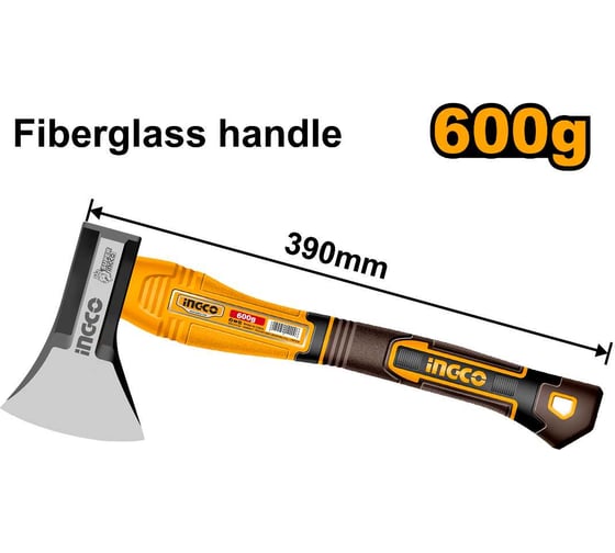 Топор INGCO 600 г, 390 мм, ручка фибергласс нескользящая HAX081600
