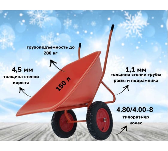 Тачка строительная 2-х колесная LWI 150 л, 280 кг, сверхпрочное полимерное корыто LWI150х2PROFI